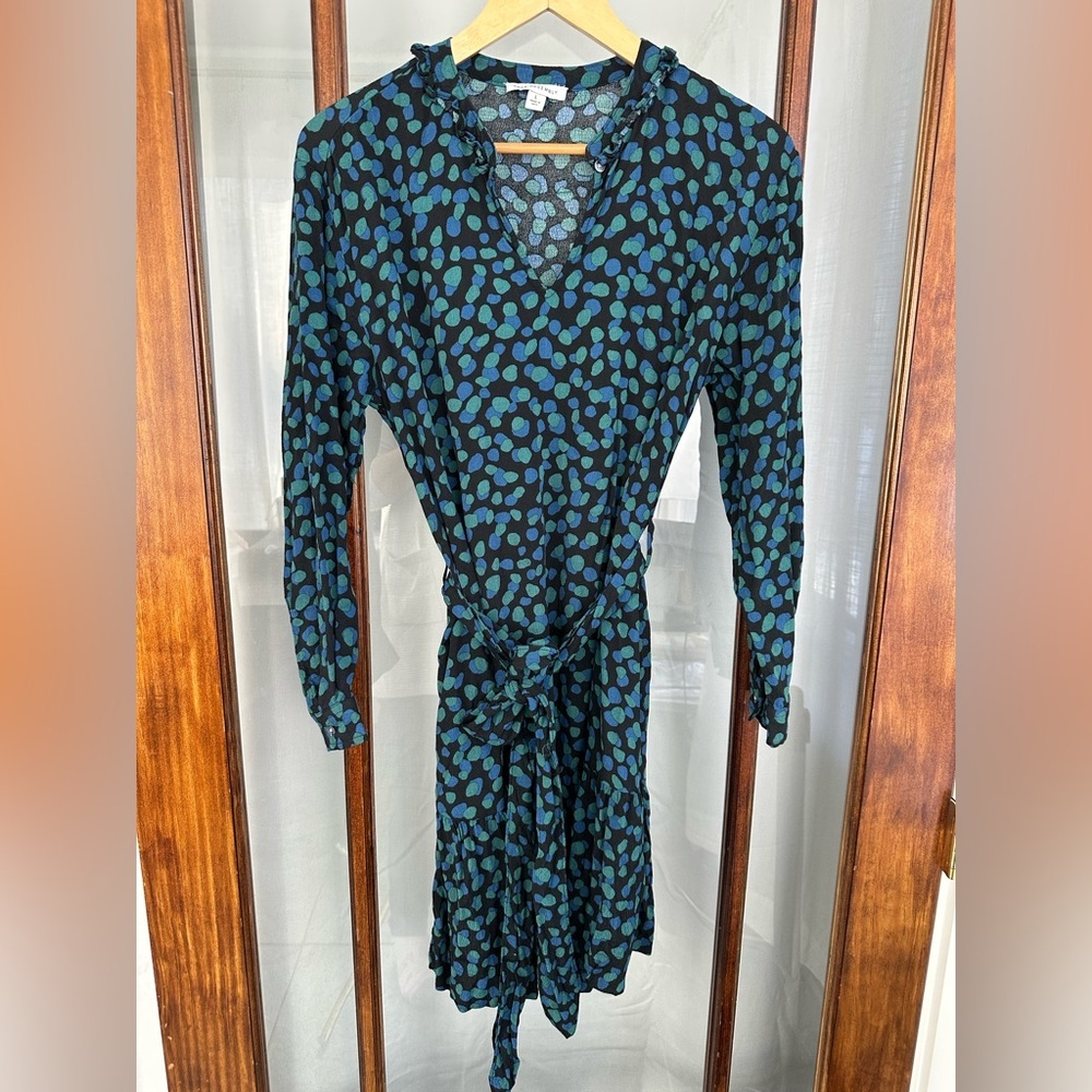 Free Assembly Blue Green Black Pattern Ruffle Tiered Belted Mini Dress Large